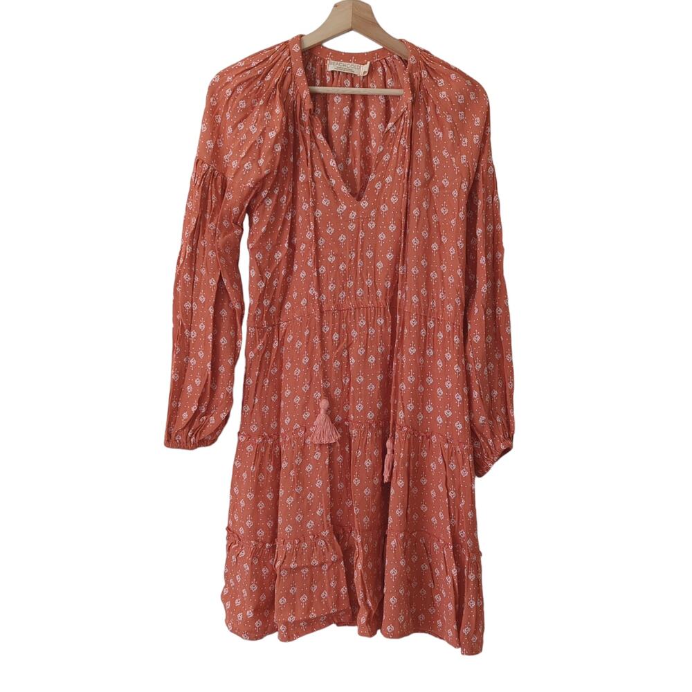 BeachGold Tiered Patterned Long Sleeve Tassel Mini Dress Size Small Boho‎ Beachy